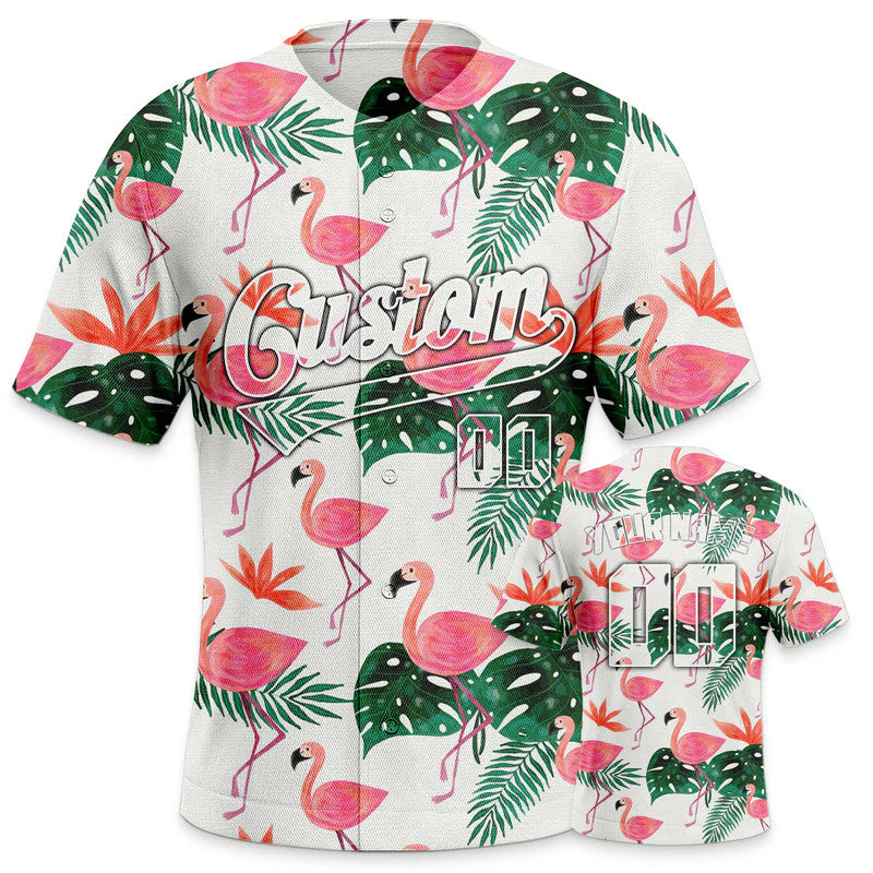 Custom White Pink-Green 3D Pattern Design Flamingo And Peacock Authentic Baseball Jersey