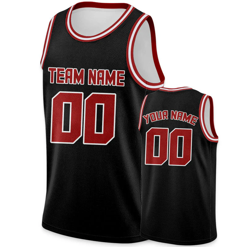 Custom Black Red Round Neck Rib-Knit Basketball Jersey