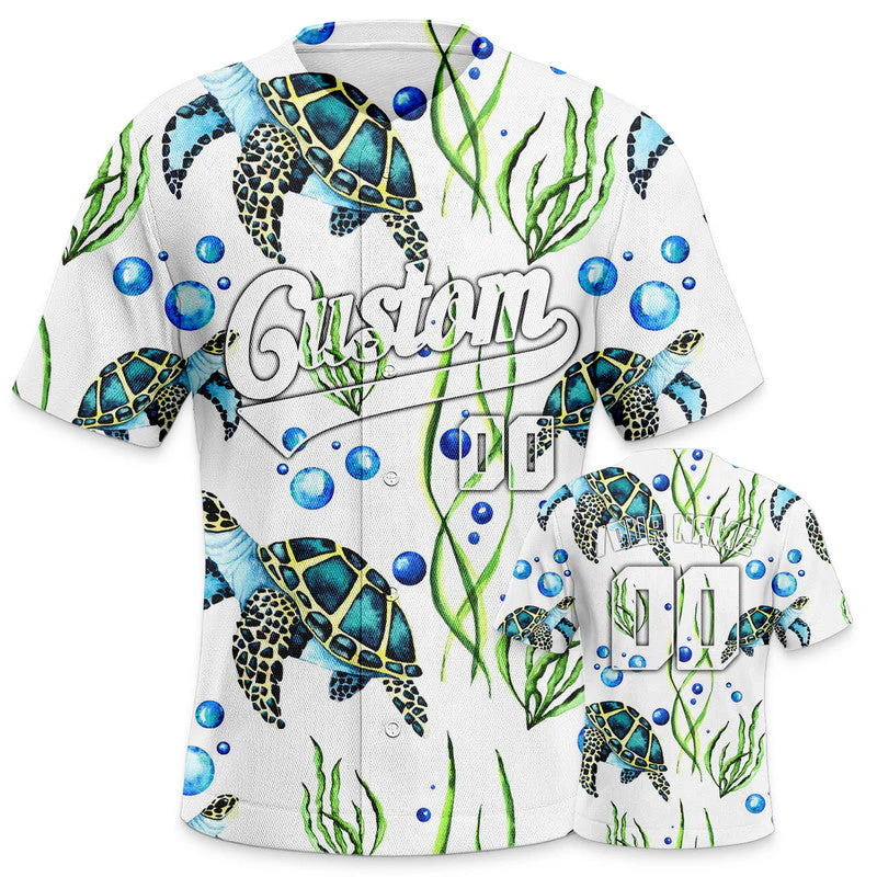 Custom White Green 3D Pattern Design Turtle And Peacock Authentic Baseball Jersey