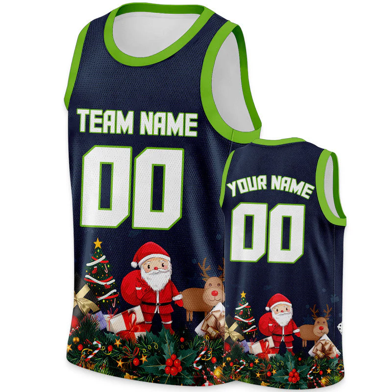 Christmas Day Custom Navy White-Neon Green Santa Claus Authentic Basketball Jersey
